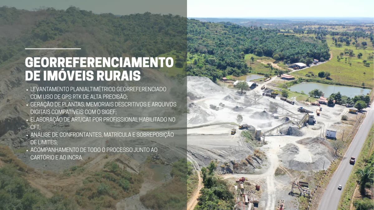 Vista aérea de área rural com mineração e vegetação, acompanhada de texto sobre georreferenciamento de imóveis rurais.